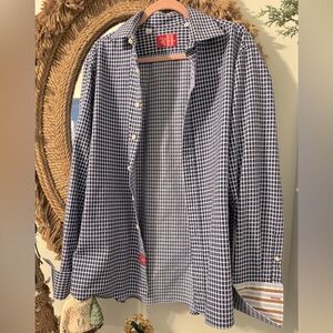 Rufus Made in USA French Cuff Mens Dress Shirt Large EUC Navy Blue and White